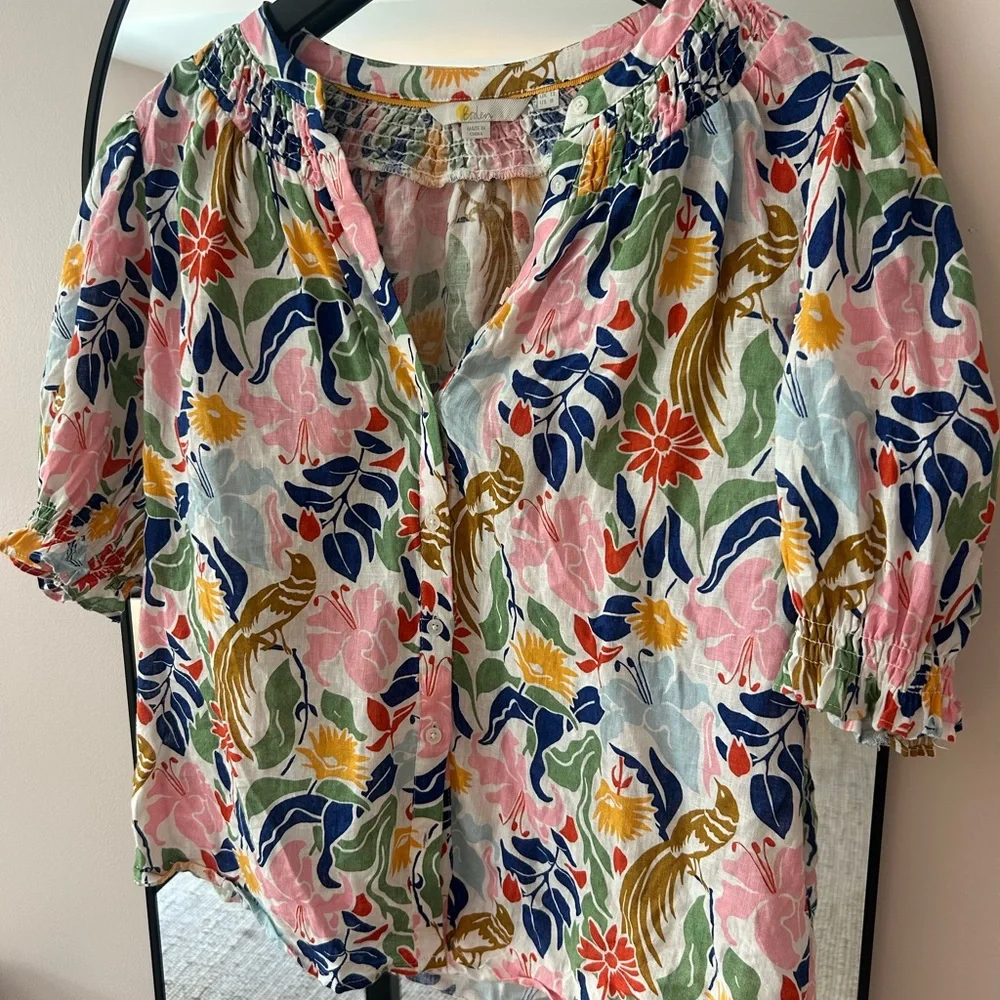 Boden Floral Bird Print Puff Sleeve Top